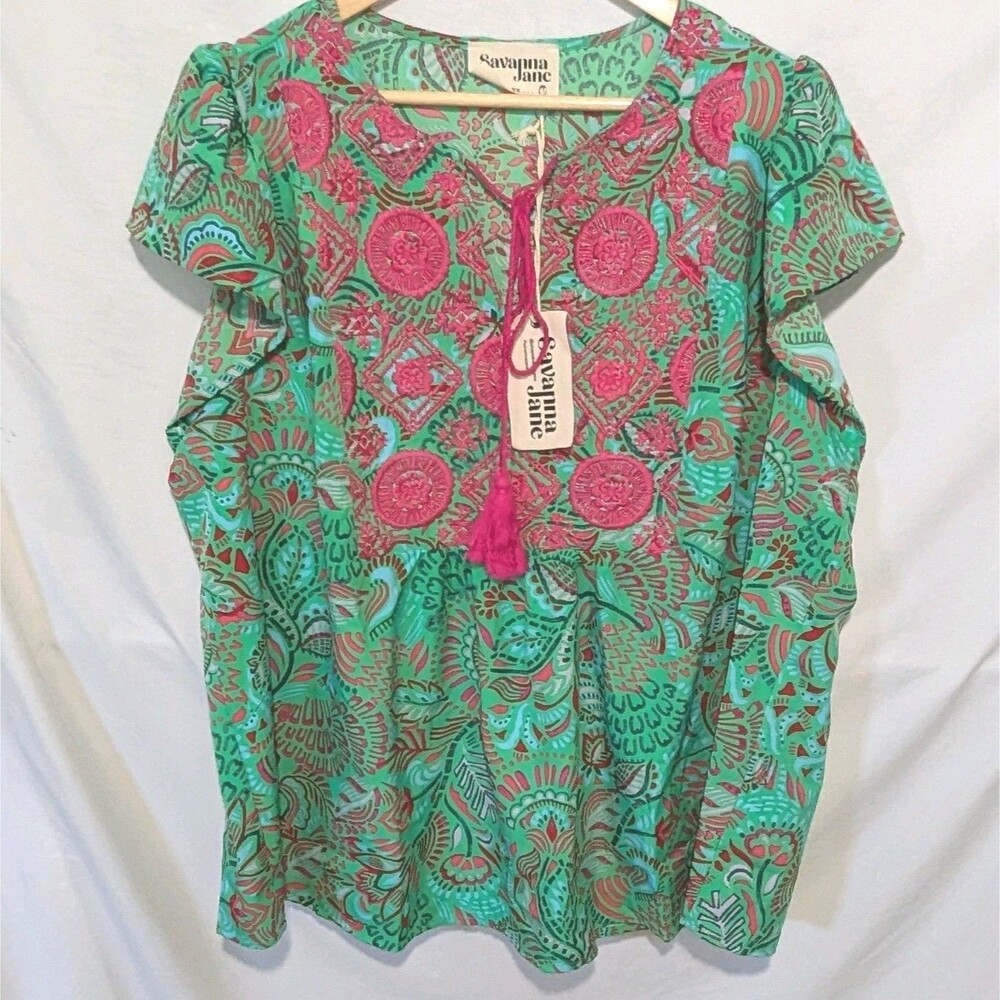 Savanna Jane Women Sz 2X Green Pink Teal Floral Embroidery Flowy Top Festive